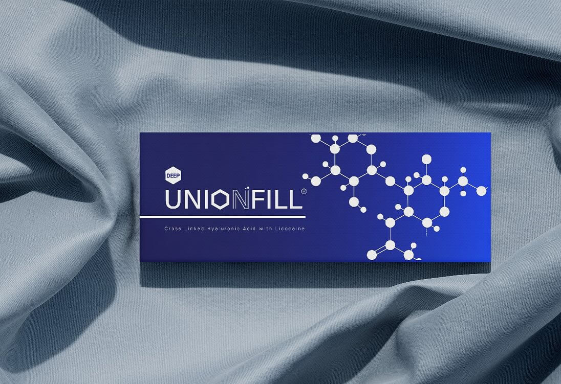 UNIONFILL Deep hyaluronic acid gel packaging on soft fabric, perfect for wrinkles and skin rejuvenation.