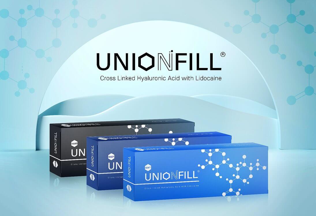 UNIONFILL Deep Gel boxes showcasing cross-linked hyaluronic acid with lidocaine for wrinkle correction.