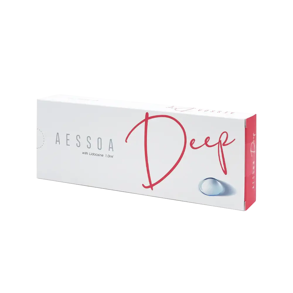 AESSOA Deep gel packaging designed for deep wrinkles, featuring high viscoelasticity and 24mg hyaluronic acid, with Lidocaine.