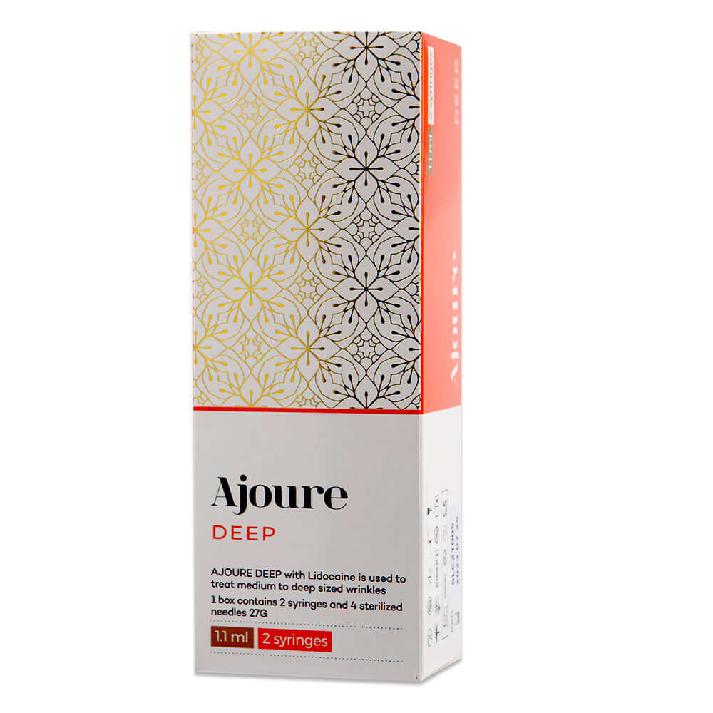 AJOURE Deep anti-wrinkle gel packaging, features 2 syringes for treating moderate to deep wrinkles, enriched with Nutrination.