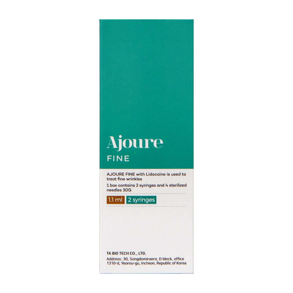 AJOURE Fine packaging showcasing hyaluronic acid gel with lidocaine, designed for correcting fine wrinkles and enhancing lips.
