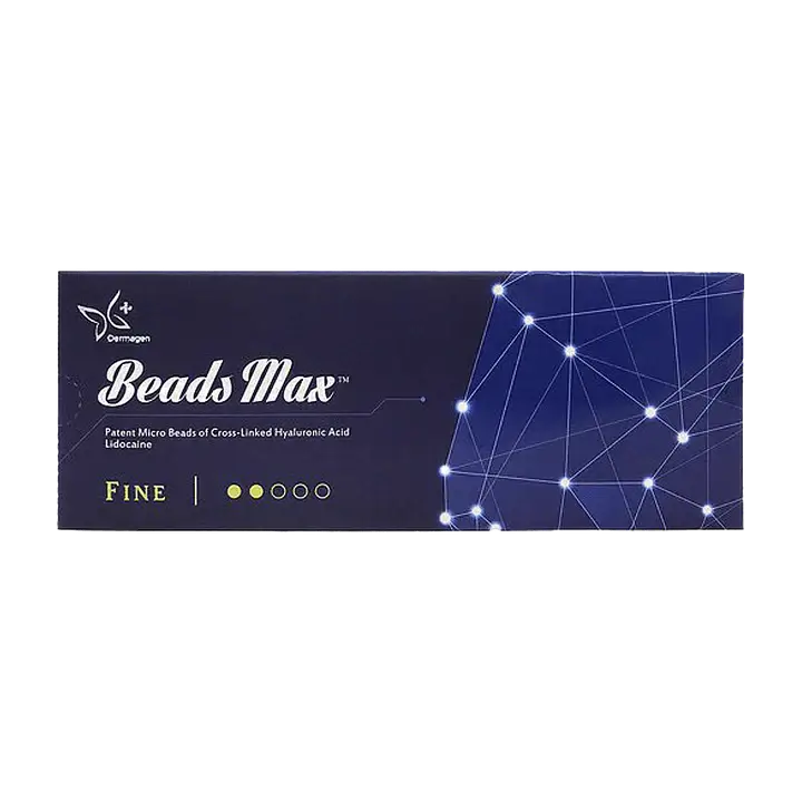 Beads Max Fine hyaluronic acid gel box designed for fine lines treatment and skin rejuvenation, featuring unique microbead technology.