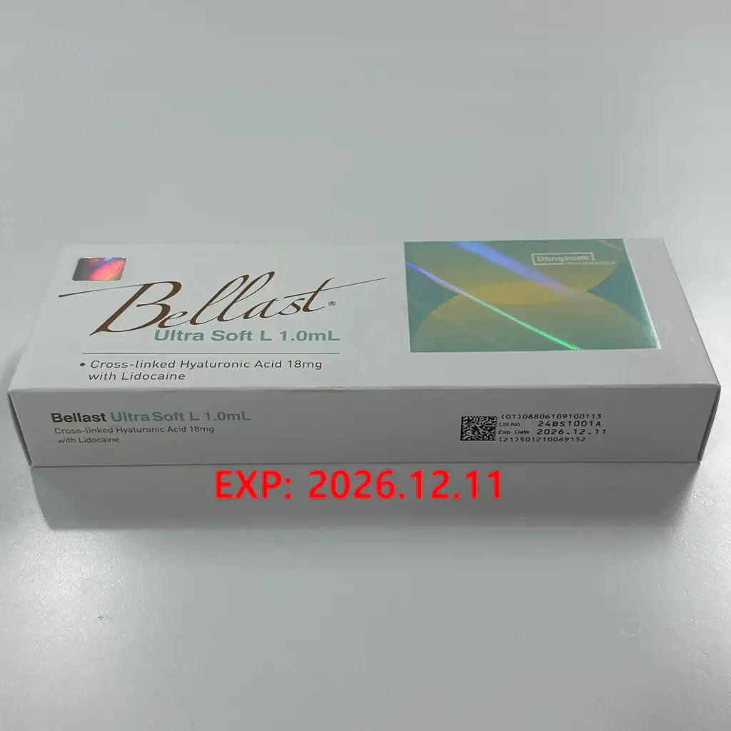 Bellast Ultra Soft L packaging showcasing cross-linked hyaluronic acid for natural plumping and volume enhancement.