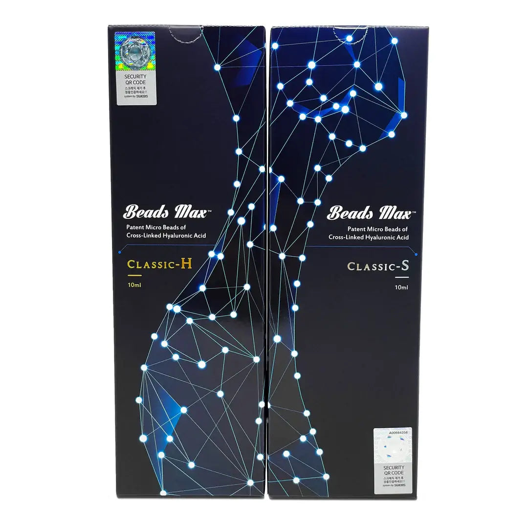 BEADS MAX S packaging showcasing cross-linked hyaluronic acid microbead technology for volume enhancement.