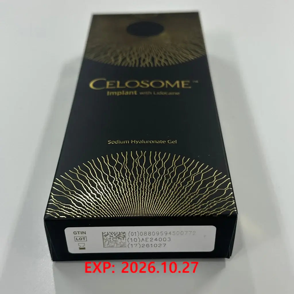 Celosome Implant packaging, a high-viscosity sodium hyaluronate gel for structural support and rejuvenation.
