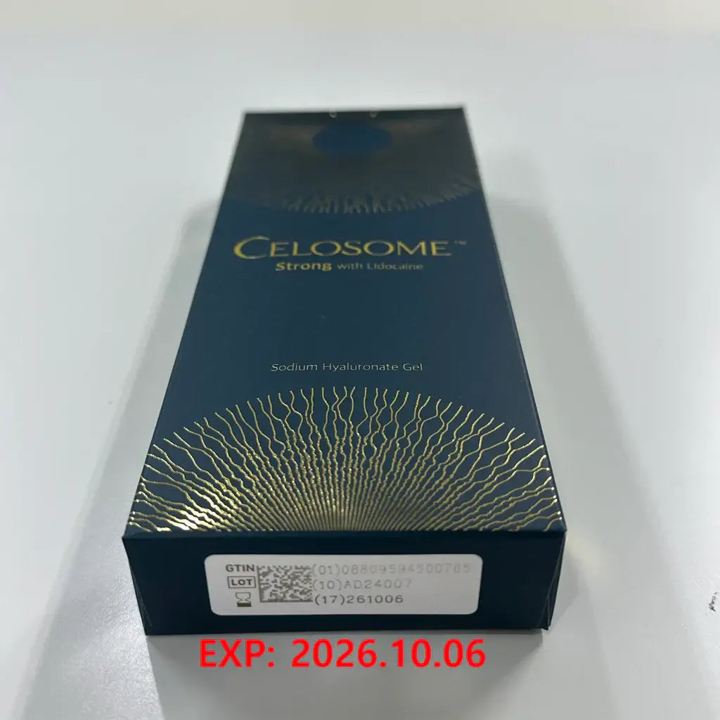 Celosome Strong packaging showing sodium hyaluronate gel for deep tissue contouring and volumization. Nutrination included.