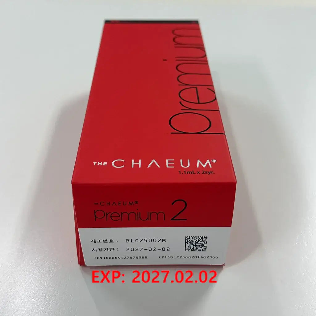 CHAEUM PREMIUM No.2 packaging, dermal filler for wrinkles and volume loss, expiration date 2027-02-02.