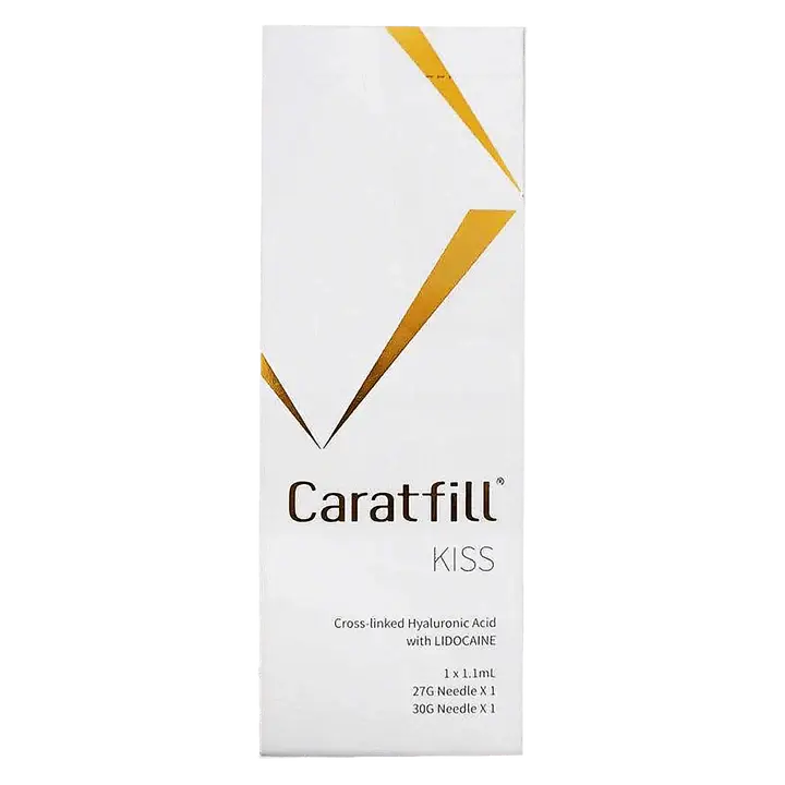 Caratfill Kiss soft gel packaging featuring cross-linked hyaluronic acid for lip shaping and fine lines.