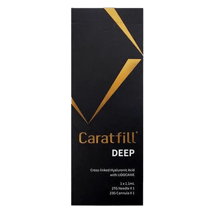 CARATFILL Deep packaging for hyaluronic acid gel with lidocaine, designed for moderate to deep wrinkles and volume restoration.