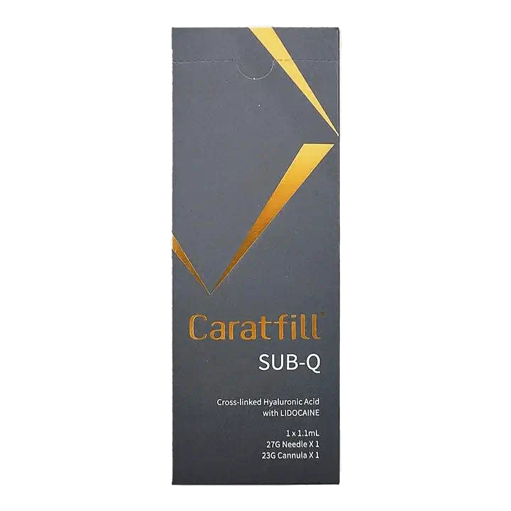 Caratfill SUB-Q packaging featuring cross-linked hyaluronic acid with lidocaine for facial structure and volume.