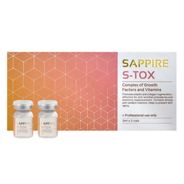 SAPPIRE S-TOX peptide-rich skin booster with growth factors and vitamins for elasticity and wrinkle reduction.