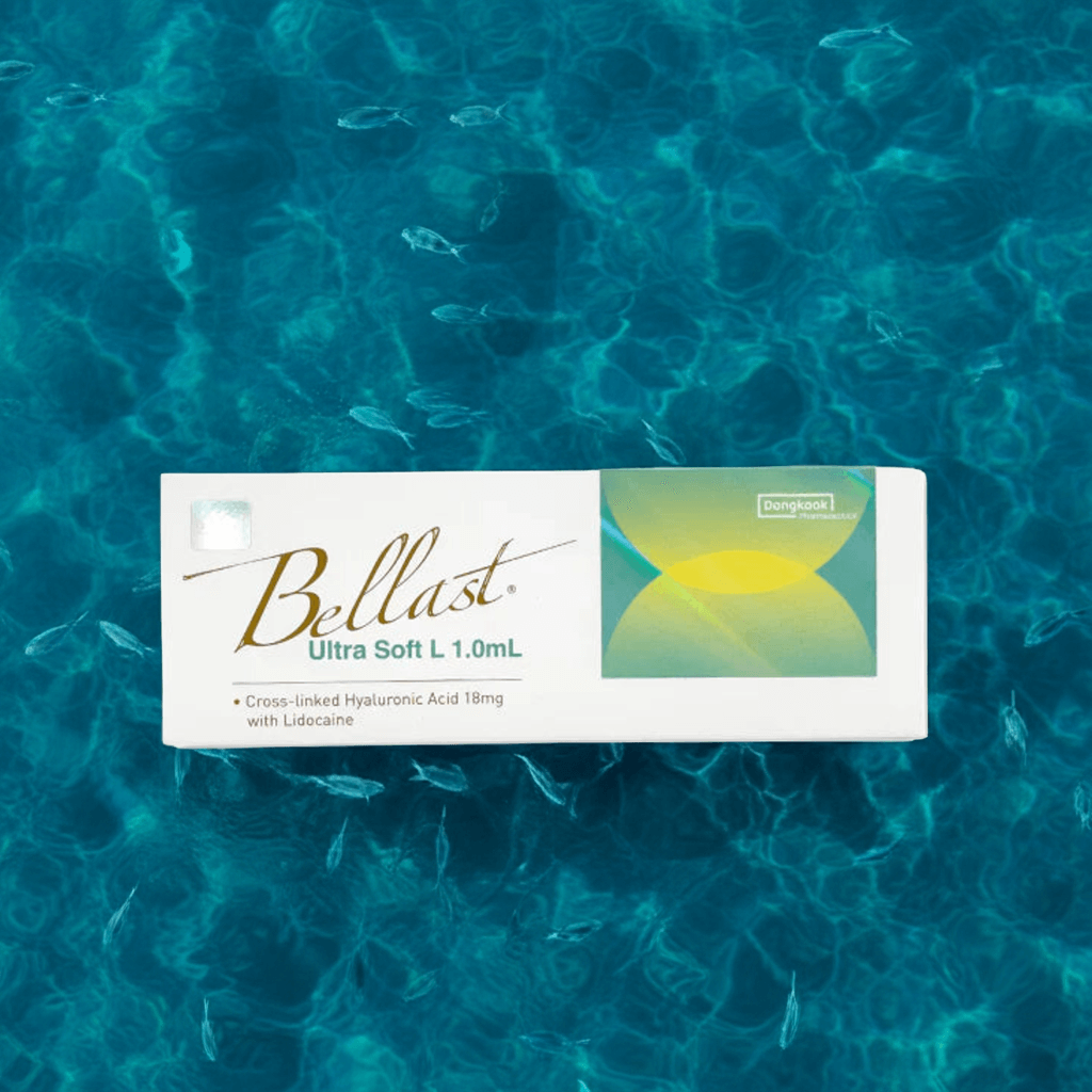 Bellast Ultra Soft L product box floating in water, featuring cross-linked hyaluronic acid and lidocaine for natural plumping.