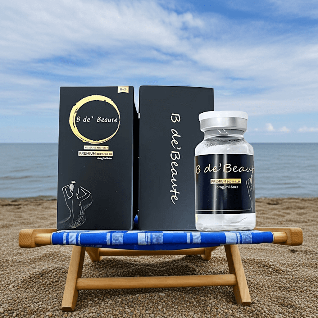 B de' Beaute Premium Body Filler (60cc) on beach, showcasing deep volume restoration and contouring with hyaluronic acid.
