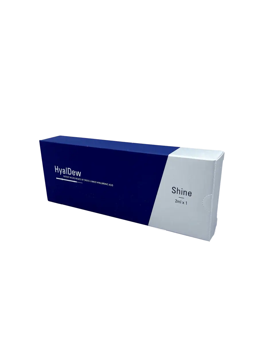 HyalDew Shine packaging showcasing premium hyaluronic acid gel for skin rejuvenation and hydration.