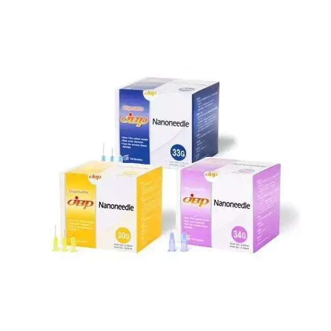 JBP Nano Needles 33G, 34G, and 30G boxes for Nutrination, showcasing 100 pieces each in vibrant packaging.