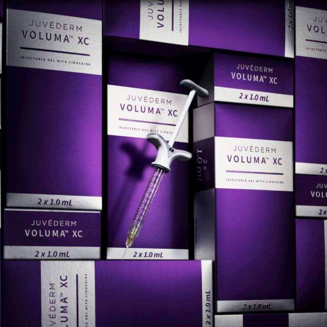 Juvederm Voluma XC packaging with syringe for youthful, lifted appearance. Nutrination for enhanced skincare.