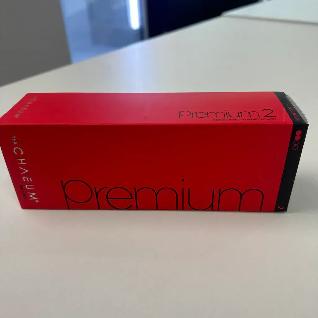 CHAEUM PREMIUM No.2 filler box for moderate wrinkles and volume restoration, featuring sleek red packaging.