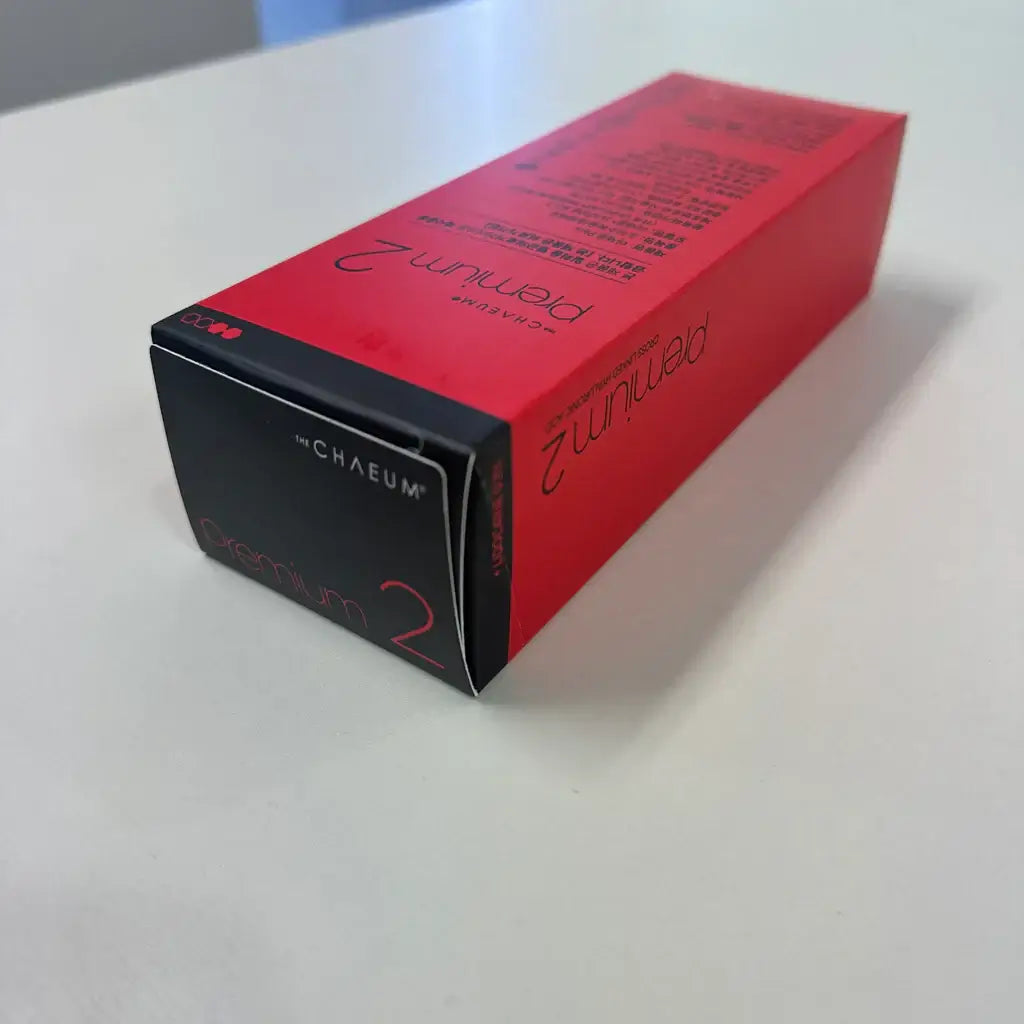 CHAEUM PREMIUM No.2 filler box designed for moderate wrinkles and volume loss, featuring sleek red packaging.