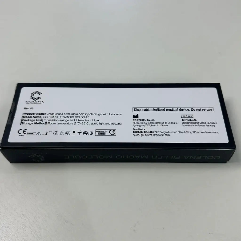 COLENA L Hyaluronic Acid Filler box for fine wrinkles and subtle volume, featuring Nutrination benefits. Disposable medical device.