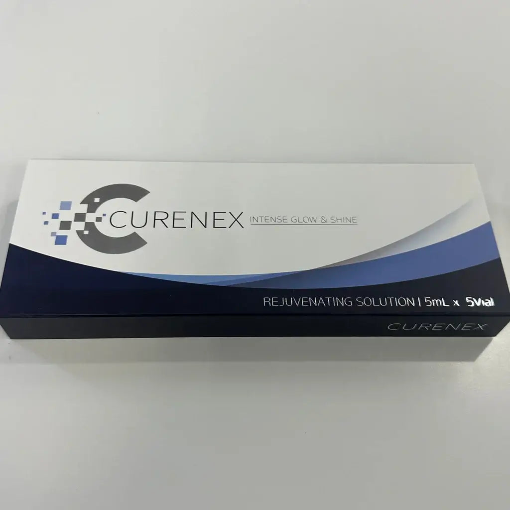 CureNex skin booster box showing intense glow & shine rejuvenating solution for deep hydration and skin revitalization.