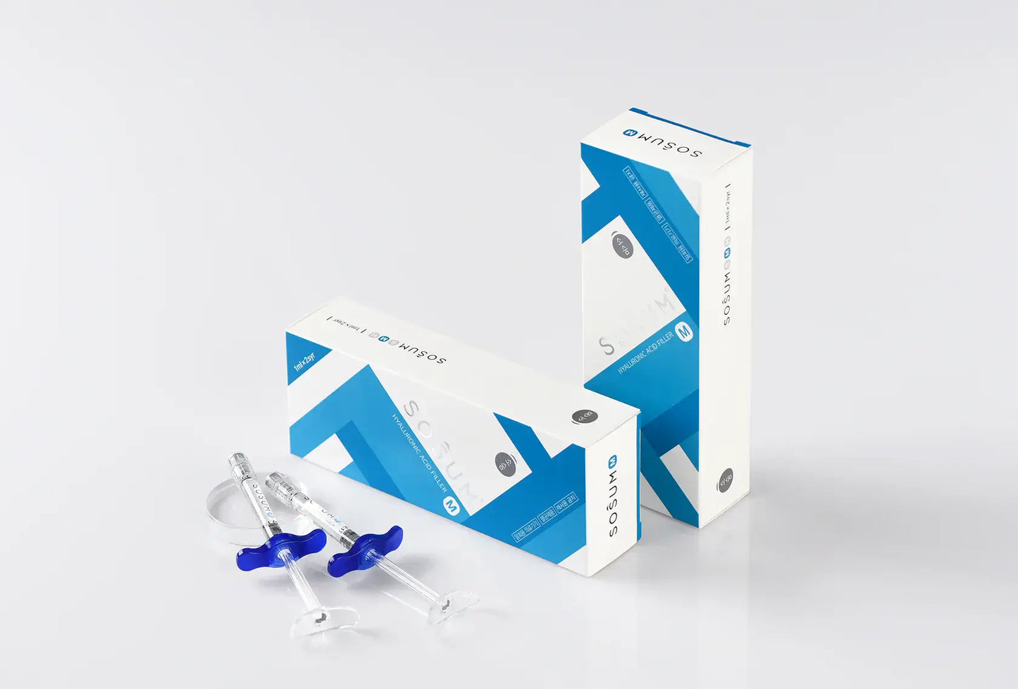 SOSUM M packaging and syringes for premium hyaluronic acid gel, designed for effective wrinkle rejuvenation.