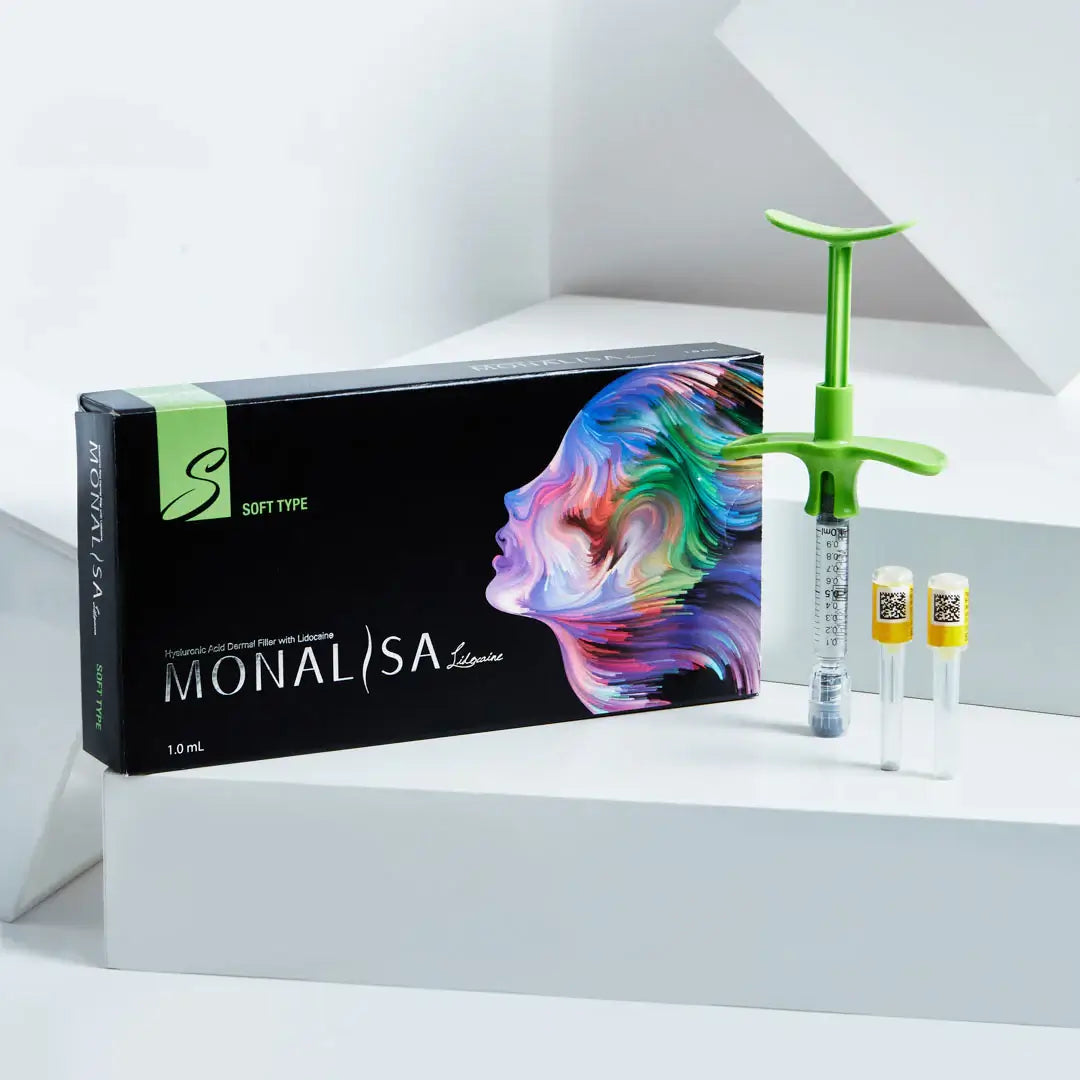 MONALISA FILLER SOFT type packaging with a syringe and vials, ideal for subtle enhancements and deep hydration.