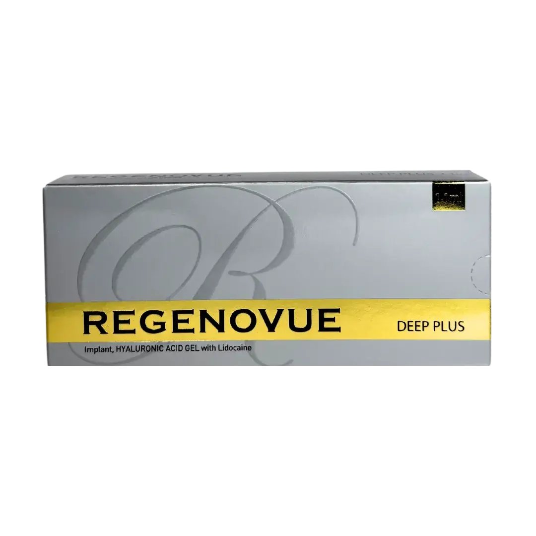 Regenovue Deep Plus 1.1ml packaging, hyaluronic acid gel for wrinkle treatment, promotes skin nutrination.