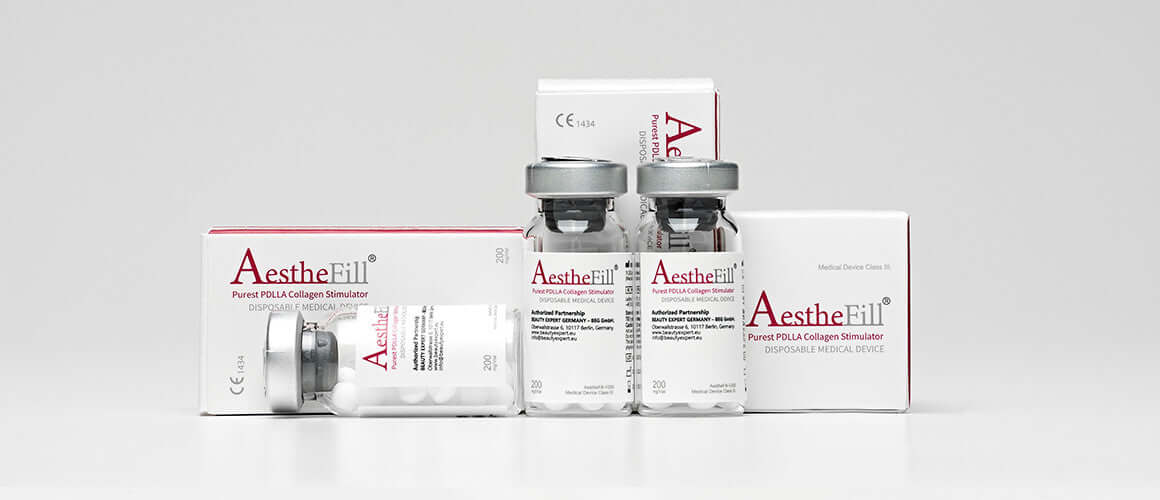 Aesthefill 200mg vials and packaging by Nutrination for facial rejuvenation and collagen stimulation.