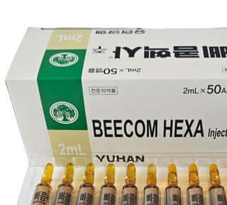 BeeCom Hexa Vitamin B Complex injection vials for energy and health support, featuring 2ml ampoules in a box.