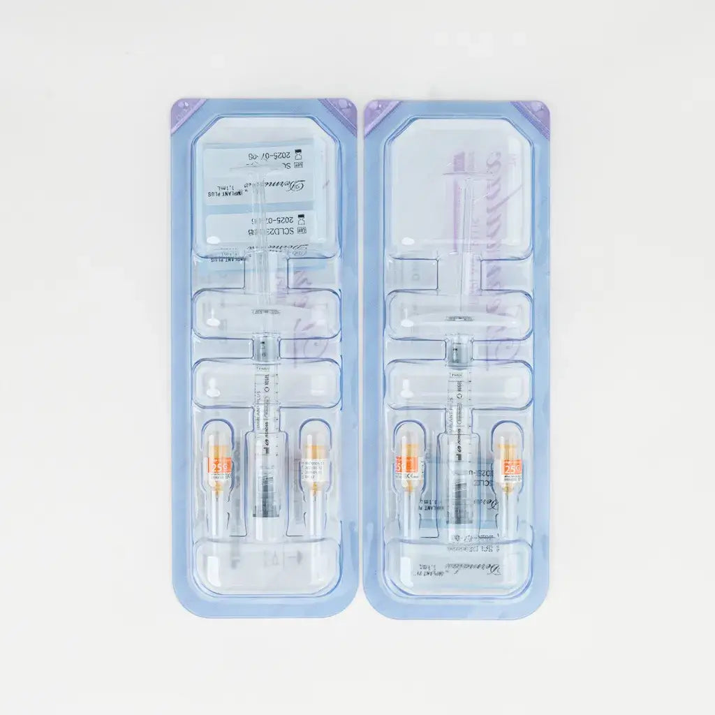 Dermalax Implant Plus 1.1ml x 2 pack, high-density hyaluronic acid filler by Nutrination for facial contouring.