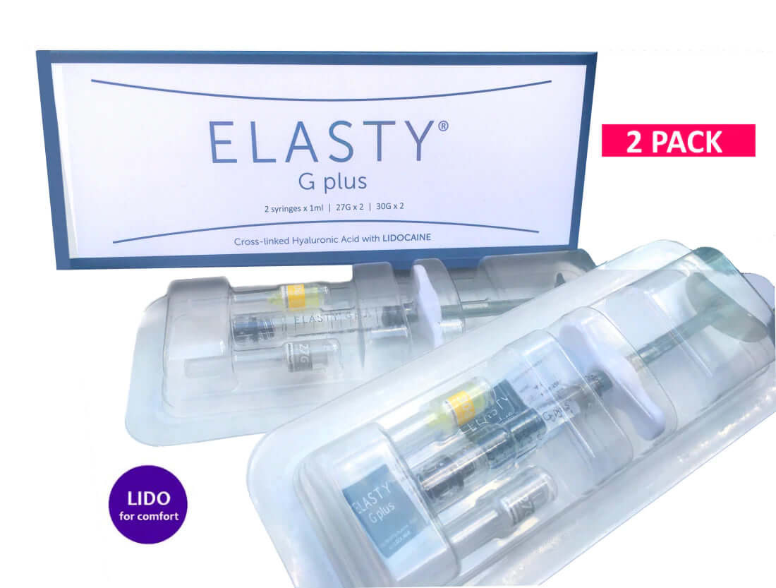 Elasty G Plus 2 Pack from Nutrination, high-viscosity filler with Lidocaine for deep facial volumization.