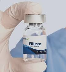 Fillunar P200 (200mg) vial held by gloved hand, showcasing Nutrination's skin booster for facial volume and elasticity.