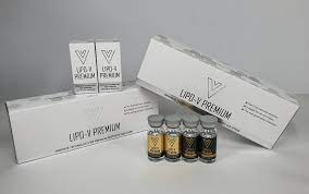 Lipo V Premium by Nutrination - adipose-dissolving solution in vials and packaging for targeted contouring.