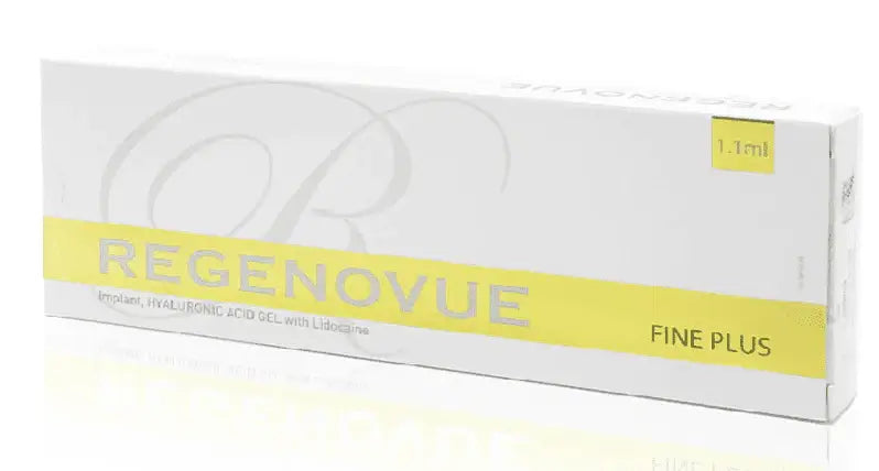 REGENOVUE Fine Plus packaging showcasing hyaluronic acid gel for delicate wrinkle correction and minimal discomfort.