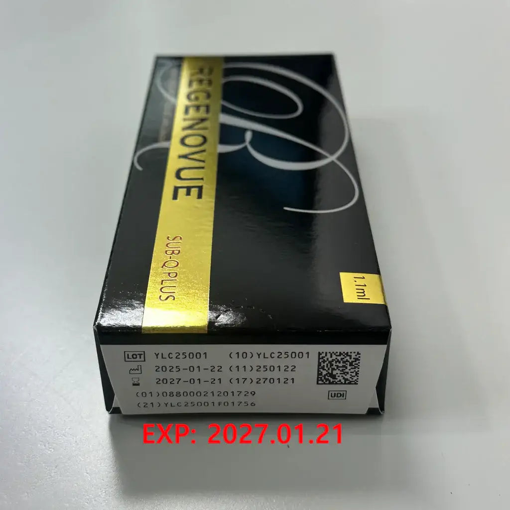 REGENOVUE SUB-Q Plus box packaging, high-viscosity filler for deep volume and facial contouring. Nutrination technology included.