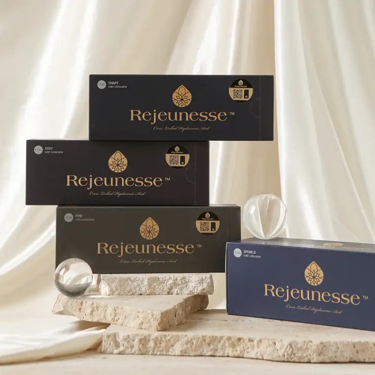 Boxes of Rejeunesse hyaluronic acid fillers for facial sculpting displayed on a stone surface.