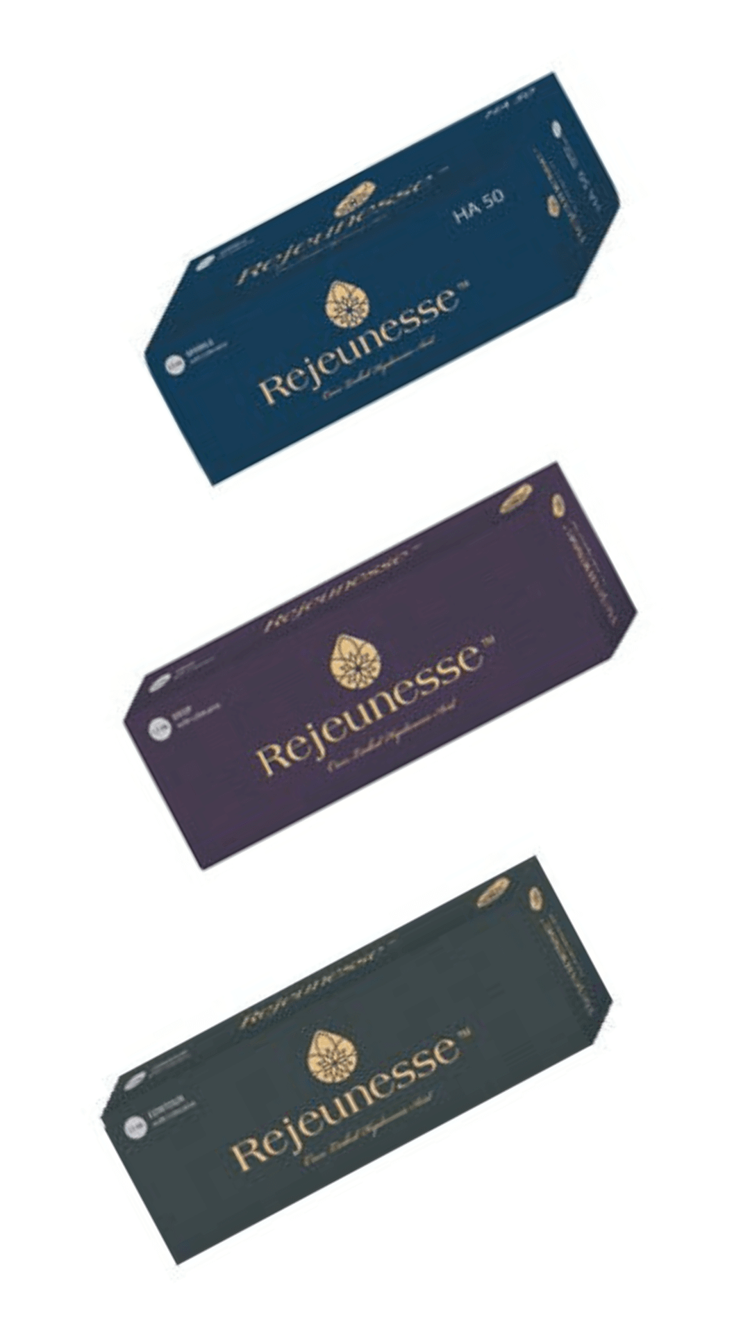 Rejeunesse hyaluronic acid filler boxes in various colors for facial sculpting and enhancement, 1.1ml each.