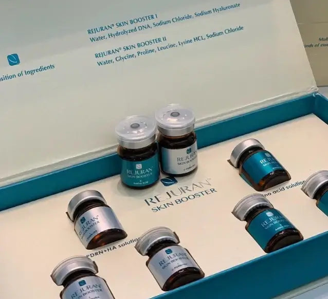 Rejuran Skin Booster vials in elegant packaging, showcasing polynucleotides for deep skin regeneration and nutrination.