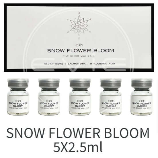 Snow Flower Bloom by Nutrination: 5 vials of 2.5ml mesotherapy solution with glutathione, salmon DNA, and hyaluronic acid.