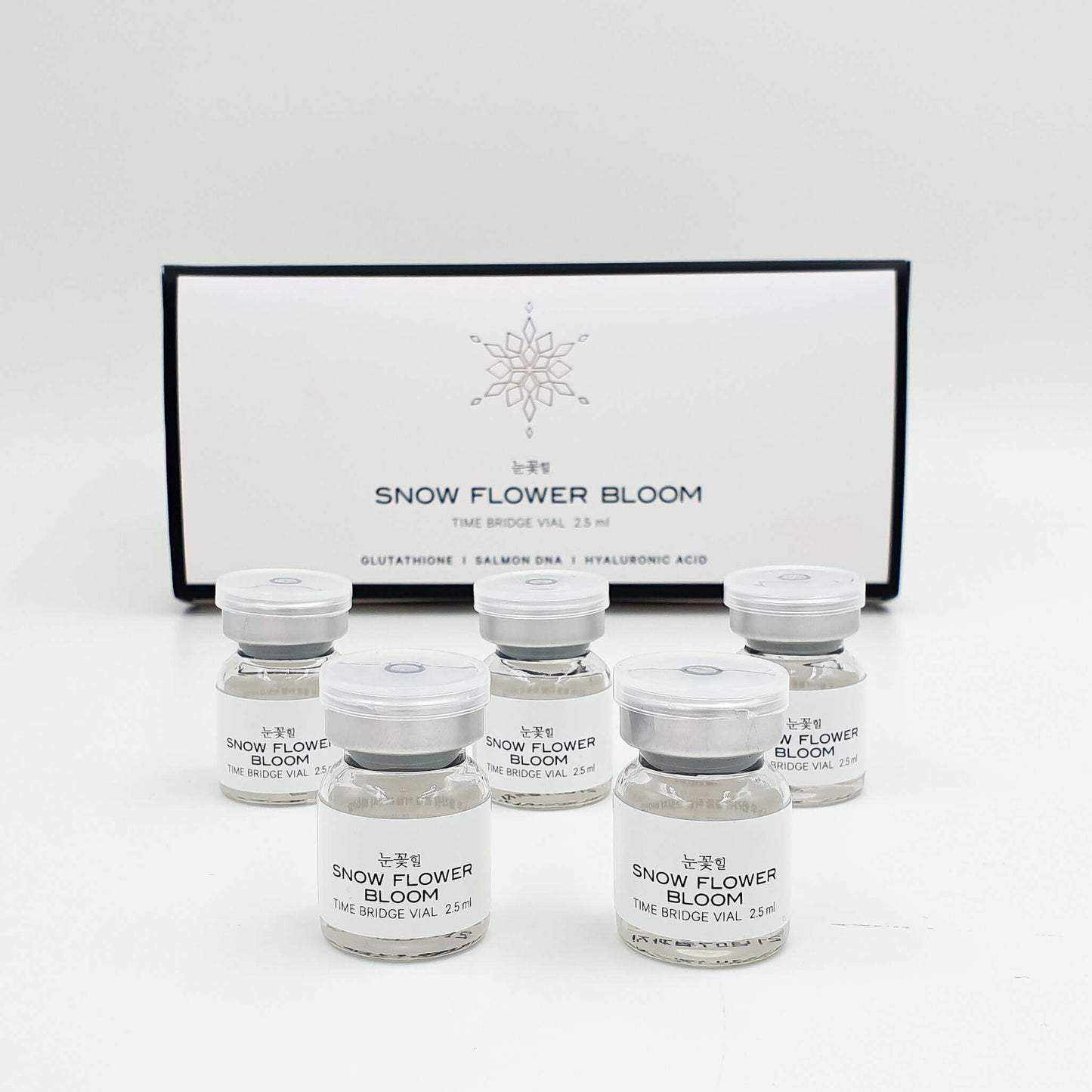 Snow Flower Bloom vials by Nutrination, featuring glutathione, salmon DNA, and hyaluronic acid for skin health.