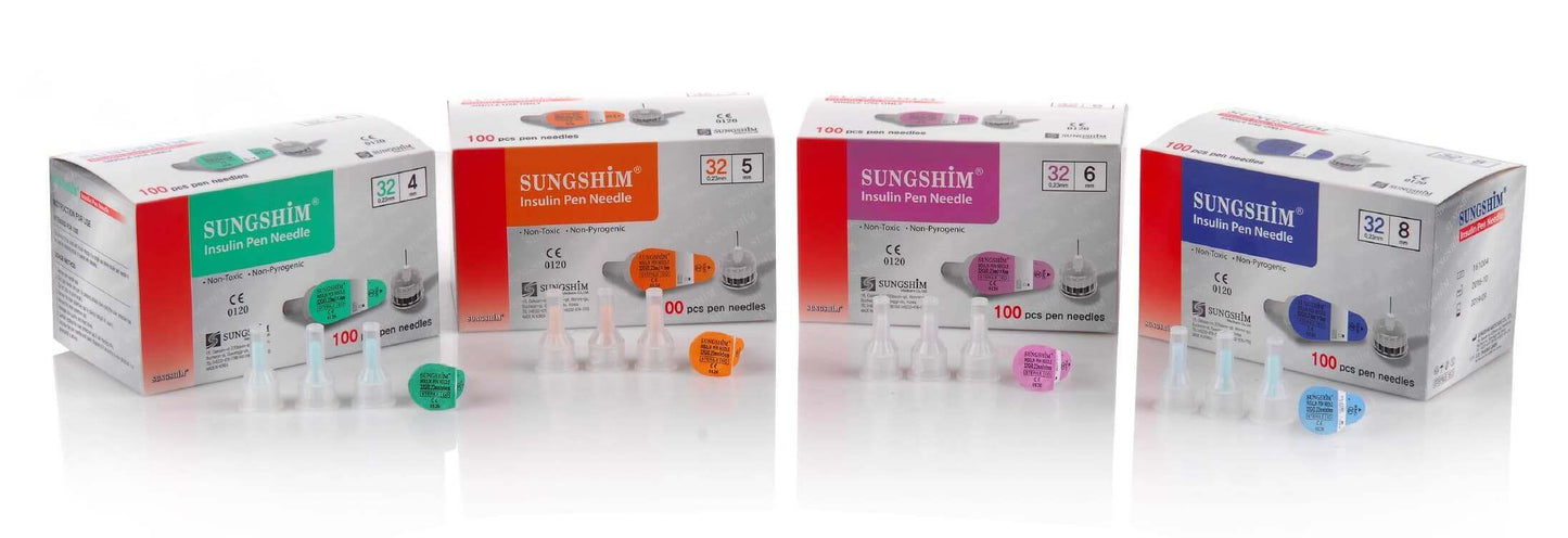 Sungshim pen needles 31g8mm boxes from NutriNation, featuring 100 premium needles for comfort and efficiency.