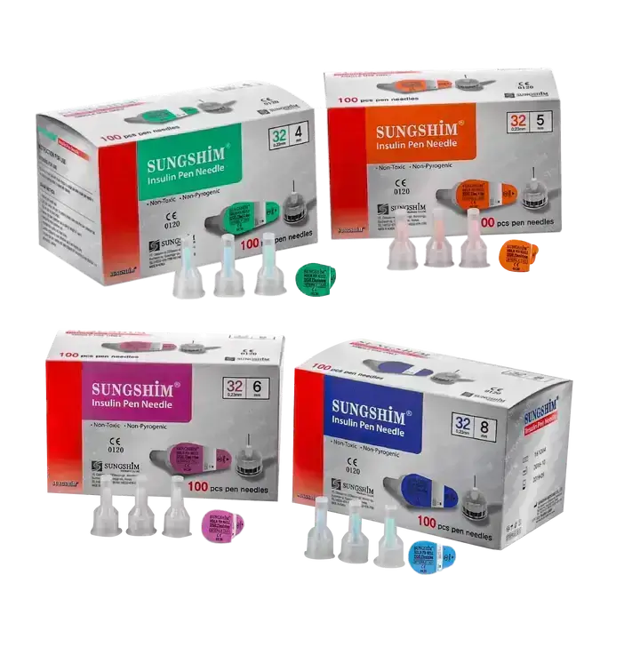 Sungshim insulin pen needles in various gauges, 100 pcs each, promoting comfort and precision for daily use at Nutrination.