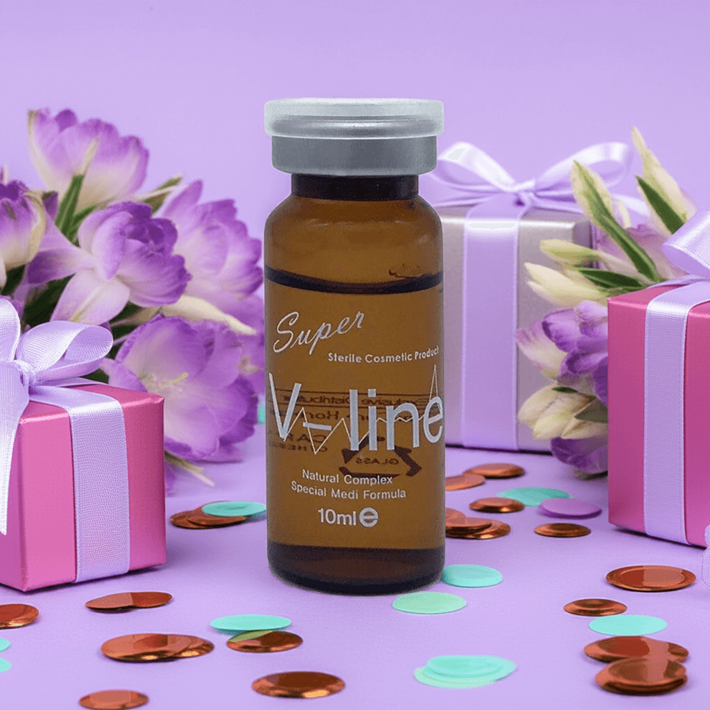 Super V Line Sol 10ml vial by Nutrination, surrounded by flowers and gifts, ideal for facial contouring treatments.