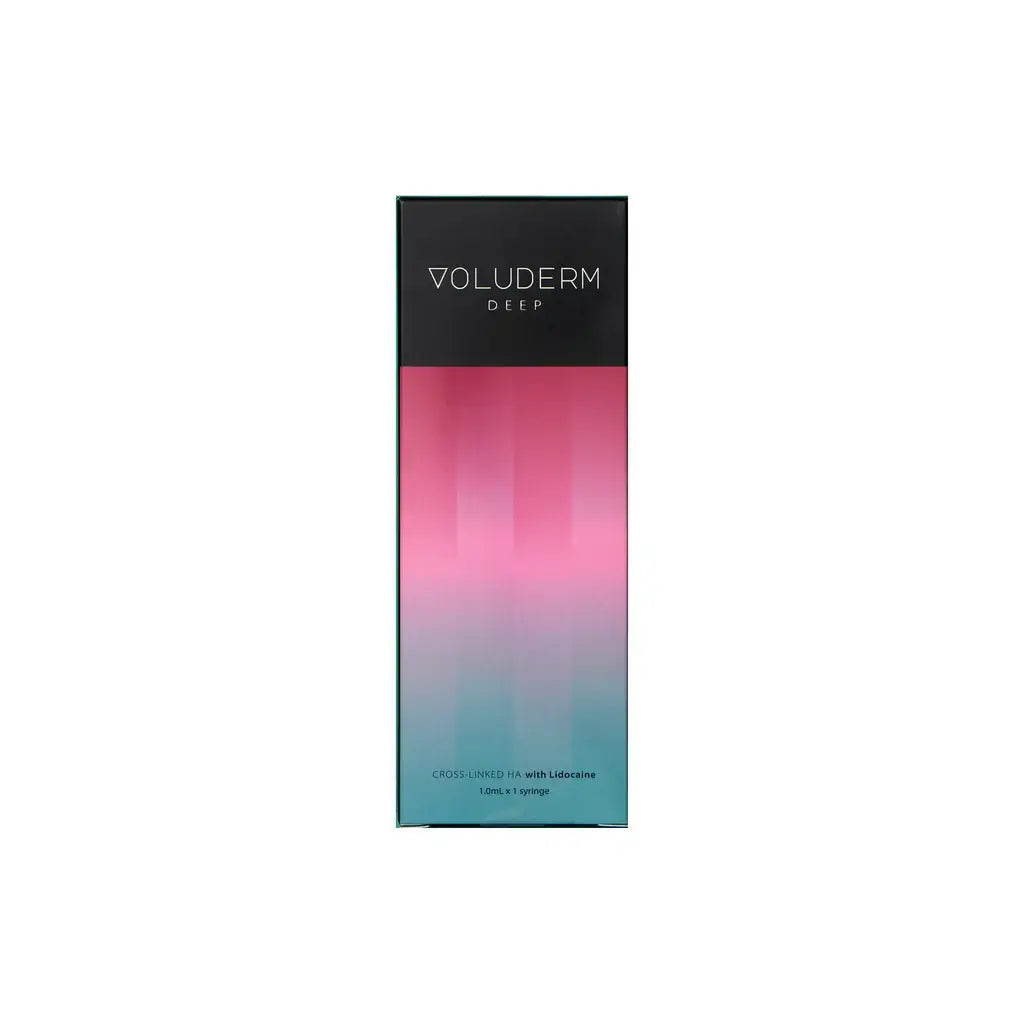 Voluderm Deep hyaluronic acid filler packaging, ideal for treating moderate wrinkles and enhancing facial volume.