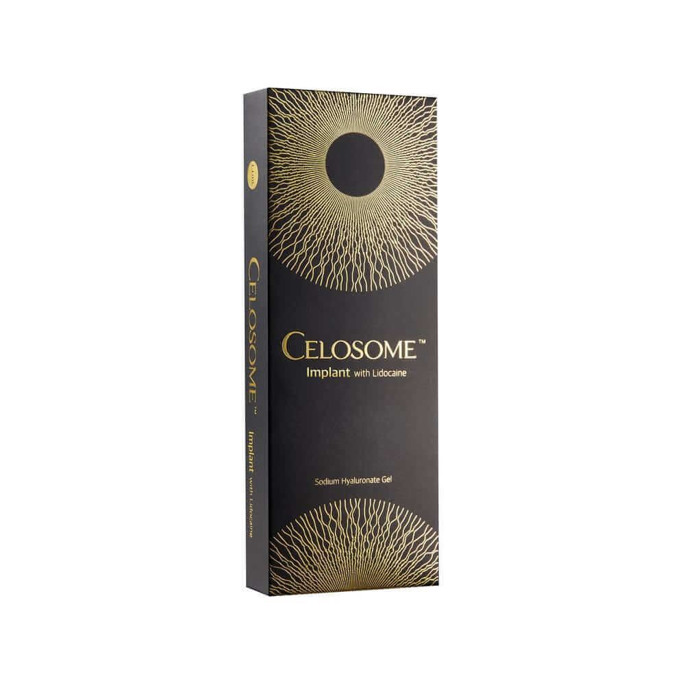 Celosome Implant box with lidocaine, high-viscosity filler for structural support and facial contouring.
