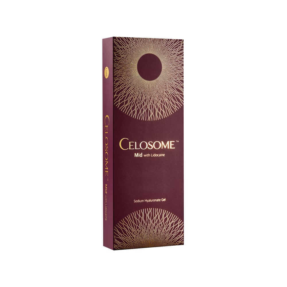Celosome Mid filler packaging with lidocaine for medium-depth wrinkles and enhanced facial volume.