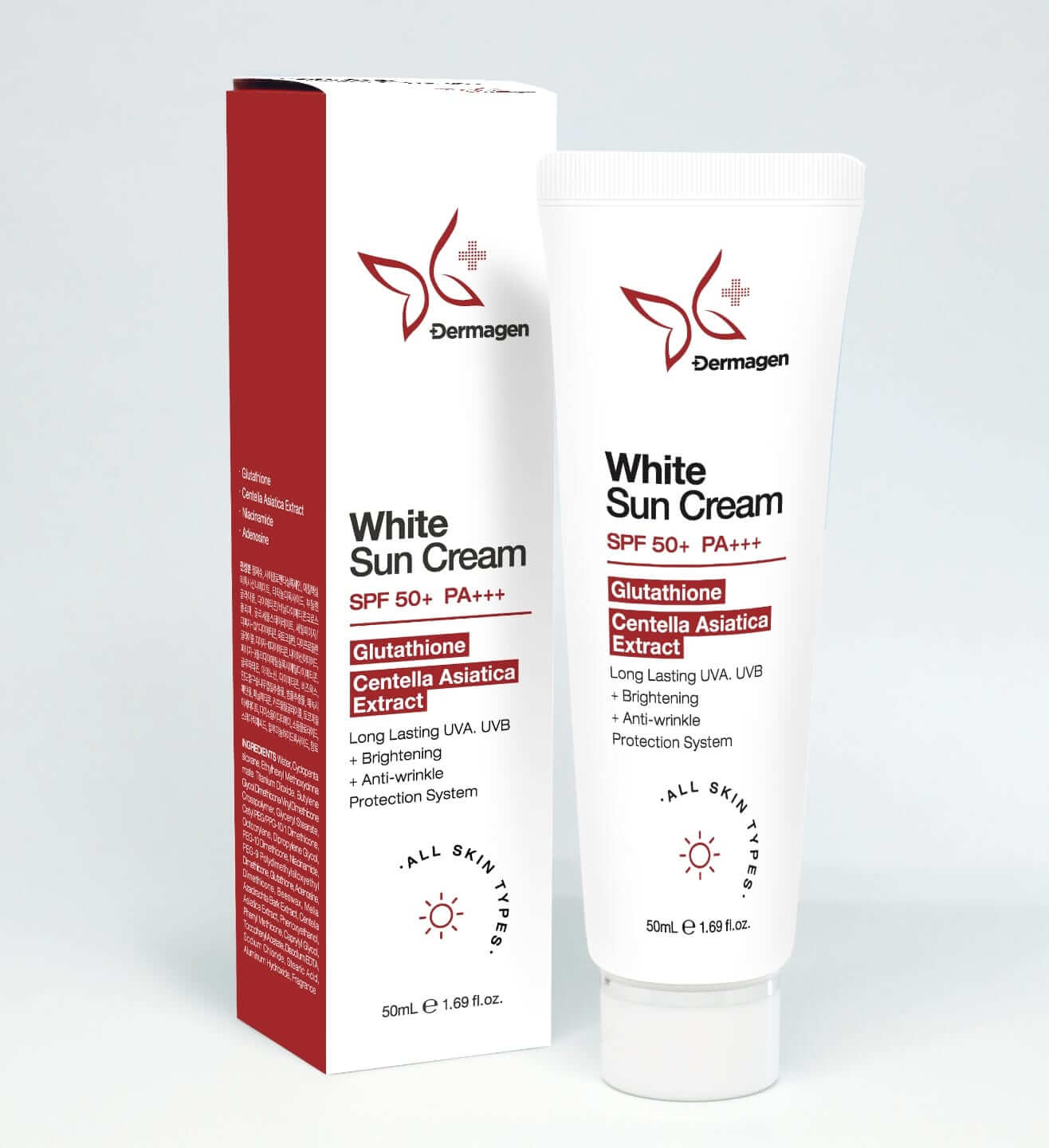 White Sun Cream with SPF 50+ from Dermagen, featuring antioxidant-rich formula for brightening and skin protection.