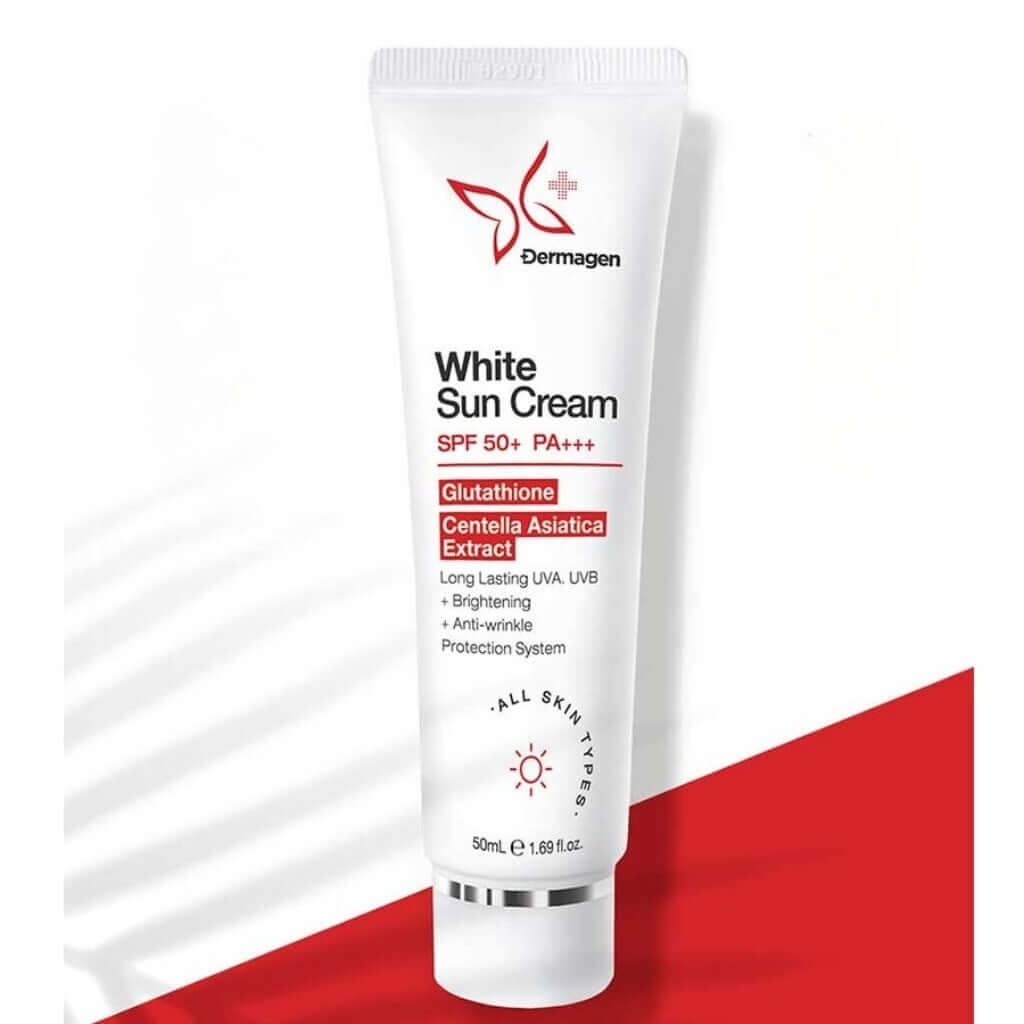 White Sun Cream by Dermagen, 50g, SPF 50+, brightening with Glutathione, Centella for all skin types, anti-aging benefits.