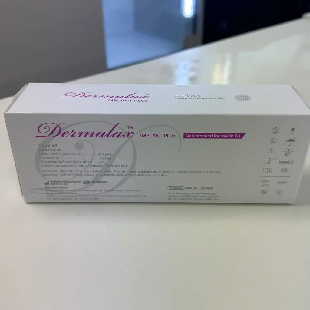 Dermalax Implant Plus packaging showcasing robust HA filler for contour and lift, essential for experienced injectors.