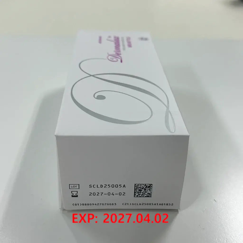 Dermalax Implant packaging box showcasing expiration date and lot number, emphasizing high-quality structural HA filler for facial contouring.
